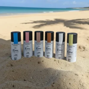Mineral zinc sunscreen sticks in sand on tropical beach - reef safe natural sun protection